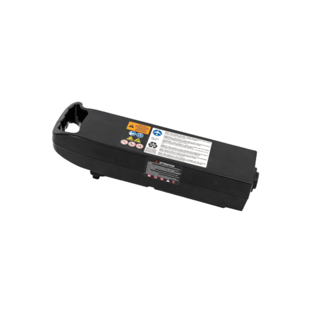 A black rechargeable battery pack with top warning and instruction labels and an end handle—an essential accessory for the Jazzy® Carbon HD Powerchair's travel batteries.